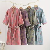 Resim Japon Kimono Yukata - %100 Pamuk Çift Katmanlı Hızlı Kuruyan Bornoz, Hafif 3/4 Kollu Geometrik Desenli Havlu, İlkbahar/Yaz İçin Yumuşak Emici Ev Giyimi, Rahat Kesim Çiftler için Yazlık Ev Kıyafeti 