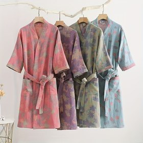 Resim Japon Kimono Yukata - %100 Pamuk Çift Katmanlı Hızlı Kuruyan Bornoz, Hafif 3/4 Kollu Geometrik Desenli Havlu, İlkbahar/Yaz İçin Yumuşak Emici Ev Giyimi, Rahat Kesim Çiftler için Yazlık Ev Kıyafeti 