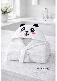 Resim Sevimli Panda Nakışlı Beyaz Pamuklu Kapşonlu Çocuk Bornozu Diğer 