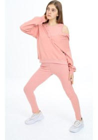 Resim Toontoy Kids Toontoy Kız Çocuk 2'li Takım Baskılı Kapüşonlu Düşük Omuz Çıtçıtlı Sweatshirt & Basic Düz Tayt Mercan 