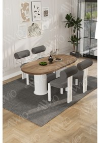 Resim Avvio Lora Serisi Bohem Ayak 4'lü Metal Pofi Demonte Sandalye 80x140 Masa Sandalye Takımı Akça Masa Sandalye Beyaz Kumaş Gri 