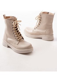 Resim 02-356 Bej Düz Topuklu Bağcıklı Fermuarlı Günlük Kadın Bot Beyaz 