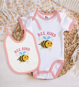 Resim Bk Kids Bee Kind Tasarımlı Pembe Bebek Body Zıbın Ve Mama Önlüğü Çok Renkli 