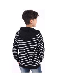 Resim Toontoy Kids Toontoy Erkek Çocuk Oversize Kapüşonlu Düşük Omuz Baskılı Çizgili Sweatshirt - Garni Detaylı & 2 İplik Siyah 