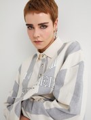 Resim Polo Yaka Oversize Sweatshirt Baskılı Düğmeli Uzun Kollu 