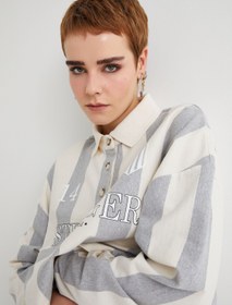 Resim Polo Yaka Oversize Sweatshirt Baskılı Düğmeli Uzun Kollu 
