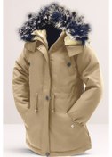 Resim Unisex Kız/erkek Çocuk Kışlık Kanvas Kumaş Büzmeli Diz Üstü Içi Kürk Kapüşonlu Kaban Mont-mnt-0005 Bej 