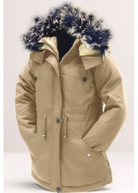 Resim Unisex Kız/erkek Çocuk Kışlık Kanvas Kumaş Büzmeli Diz Üstü Içi Kürk Kapüşonlu Kaban Mont-mnt-0005 Bej 