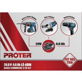Resim Proter PST 903 Trio Şarjlı Delici Kırıcı Matkap + Avuç Taşlama + Darbeli Matkap 3'lü Set 