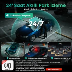 Resim 360+ Botslab G980h Pro 4k 3 Kameralı Wifi+gps Akıllı Araç İçi Kamera +170 Geniş Açı+süper Kapasitör+sesli Kontrol+gece Görüşlü 128gb Hafıza Kartı Hediyeli 