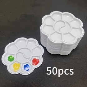 Resim 50 adet Mini Çiçekli Plastik Paleta - Su Temizleme, Akrilik ve Yağlı Boyalar için Dayanıklı, Kolay Temizlenebilir Sanat Boyama Tepsisi - Sanatçılar için İdeal, Kolay Temizlenebilir, Sanat Malzemeleri | Çiçek Deseni | Dayanıklı Plastik 