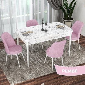 Resim Canisa Concept Kor Serisi, Beyaz Mermer Desen 70X114 Açılabilir Mutfak Masası Takımı, 4 Sandalye 