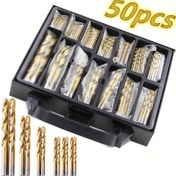 Resim 50 adet Düz Shank Matkap Seti, Titanyum Kaplamalı Yüksek Hızlı Çelik Matkap Seti, Altıgen Shaft, Lineer Spiral, Dairesel Shaft Twist Matkap, Ahşap İşleme Matkap Seti, Metal, Ahşap, Plastik için Kullanılır 