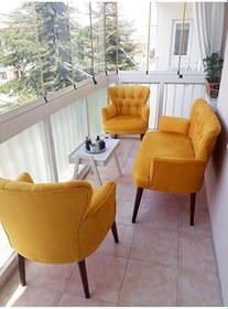 Resim Çay Seti Koltuk Takımı - Düz Renk - Ahşap Ayak - Babyface Kumaş - Sarı 