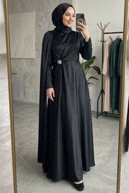 Resim N.S NEVA STYLE Pelerin Detaylı Siyah Tesettür Saten Abiye Elbise 4884S 