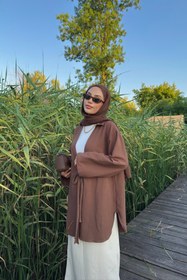 Resim Bipantolon Kadın Acı Kahve Bağlama Detaylı Flam Keten Kimono 