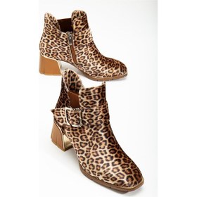 Resim Kadın Topuklu Bot Leopar Desenli Tokalı Klasik Vardola Taban-3191 Leopar 
