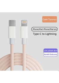 Resim 20w Type-c - Lightning Hızlı Şarj Kablosu Kalın Dokuma Apple Uyumlu iPhone 13/12/11/x Akıllı Çipli 1m Turuncu 1m Tip-c - 