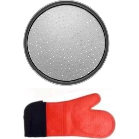 Resim Kitchen Design Lab Orta Boy Delikli Pizza Tepsisi Lahmacun Pide Tepsisi 32 cm ve Kırmızı Silikon Yanmaz Fırın Eldiveni 