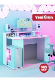 Resim Detamob Beyaz Oyuncu Masası, %100 MDF, Profesyonel Gaming Oyuncu Masası, Pembe - Beyaz, 60x120cm 