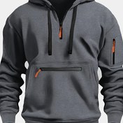 Resim Erkekler için Fermuarlı Cep Detaylı Düz Renk Uzun Kollu Kapüşonlu Sweatshirt, 100% Polyester Örgü Kumaş, Sonbahar/Kış için Düğmeli Detaylı Rahat Kazak - 220gsm 