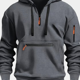 Resim Erkekler için Fermuarlı Cep Detaylı Düz Renk Uzun Kollu Kapüşonlu Sweatshirt, 100% Polyester Örgü Kumaş, Sonbahar/Kış için Düğmeli Detaylı Rahat Kazak - 220gsm 