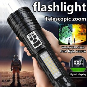 Resim Çok fonksiyonlu dış mekan LED el feneri, şarj edilebilir, ayarlanabilir odaklama, çok renkli yan ışıklar, uzun menzil ve çift düğme kontrolü, USB kablosu ile donatılmış, acil durumlar, kampçılık, balık tutma ve yürüyüş için ideal 