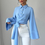 Resim Zarif Düz Renk Bağcıklı Ön Kırpma Üst ve Zil Kollu - Polyester, Makinede Yıkanabilir - İlkbahar/Yaz/Sonbahar için Mükemmel 