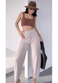 Resim Paw Garage Kadın Bernis Bej Balon Pantolon, Beli Lastikli Şalvar Model Krep Balon Pantolon Basen Gizleyen Taş 