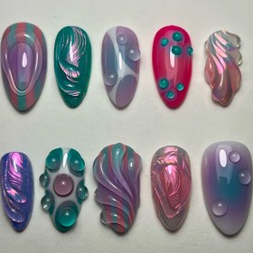 Resim 10 adet El Yapımı Basınçlı Tırnak ile Muhteşem Tatlı ve Serin Dokulu Su Damlası Tasarımı - Mor ve Kırmızı Renk Blokları - Almond Şekli için Çeşitli Boyutlar - Kadınlar ve Kadınlar için Hediye olarak Jöle Tutkalı ve Tırnak Dosyası ile Uygun 