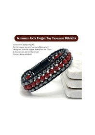 Resim Sertifikalı Kırmızı Akik Taşı Erkek Bileklik Çelik Kilitli, Doğal Taş Tasarım, Şık Ve Özgün Kırmızı 