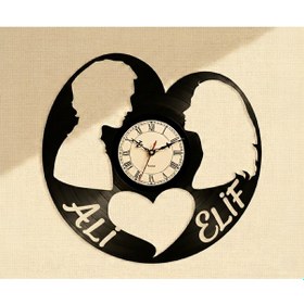 Resim Sevgililer Günü Hediyesi Kişiye Özel İsimli Aşık Çiftler Plak Duvar Saati Siyah 
