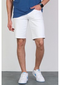 Resim Erkek Beyaz Slim Kesim Comfort Likralı Esnek Jeans Şort Thomas-Beyaz 001 