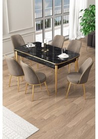 Resim Canisa Pale Serisi 80x132 Açılabilir Siyah Mermer Desen Mutfak Masa Takımı 6 Cappucino Sandalye Gold Detay Masa Siyah Mermer Sandalye Capppucino Gold Ayak 