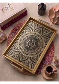 Resim Mandala Desenli Dekoratif Tepsi Gold Çerçeveli Kulplu Çay Kahve & Sunum Tepsisi 