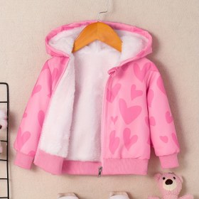 Resim Kız Çocukları için Kapüşonlu Kışlık Ceket - Pembe Kalp Desenli, Tam Fermuarlı Dış Giyim, Bebek ve Çocuklar İçin Sıcak Soğuk Hava ve Özel Günler İçin Şık Çocuk Montu, Rahat Kumaş, Çocuk Modası 