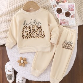 Resim Sevimli "Küçük Kız" Leopar Desenli & Düz Bej Kız Çocuk Kıyafet Seti - Rahat Polyester Uzun Kollu Kazak & Cepli Pantolon, İlkbahar/Sonbahar İçin Mükemmel - Makinede Yıkanabilir, Küçük Kızlar İçin Kıyafetler, Dış Mekanlar İçin Mükemmel 