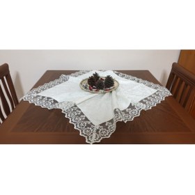 Resim Eren Home Kadife Fiskos Örtüsü Güpürlü 90x90 Ekru 