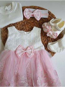 Resim PİLEKİ BABY Kız Bebek 0-6 Ay Gelinlik Elbise 5 Li Mevlütlük Set Dantelli Elbise 