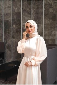 Resim Azeem Lidya Şifon Detaylı Saten Tesettür Abiye, Saten Elbise, Özel Gün Elbisesi, Mezuniyet Elbisesi, Söz 