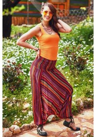 Resim Desenli Gipe Bel Kadın Şalvar-Std-Kırmızı Çizgili Kırmızı 