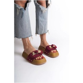 Resim Dıla Kalın Ve Ortopedik Taban Ayıcıklı Saten Kadın Terlik Kt Bordo Bordo 