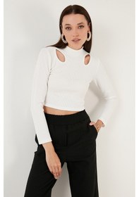 Resim Lela Esnek Slim Fit Cut Out Pencereli Dik Yaka Crop Bayan Bluz 5865348 Beyaz 