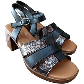 Resim Castle Black 45204 Kadın Hakiki Deri Kalın Kısa Topuklu Comfort Sandalet Siyah Siyah 