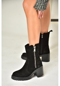 Resim Fox Shoes T654095802 Siyah Hakiki Süet Kalın Topuklu Kadın Bot Siyah-Süet Siyah 