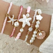 Resim 5'li Paket Cam Boncuklu Sahte Denizyıldızı Kolye Taşlı Yağlıboya Bileklik Seti Bohem Tarzı Pembe Seksi Moda Yapay Kabuk Pullu Bilezikler 