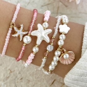 Resim 5'li Paket Cam Boncuklu Sahte Denizyıldızı Kolye Taşlı Yağlıboya Bileklik Seti Bohem Tarzı Pembe Seksi Moda Yapay Kabuk Pullu Bilezikler 