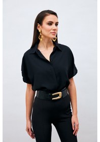 Resim Sateen Kol Detaylı Salaş Gömlek - Siyah 