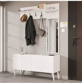 Resim 5065 Theo 4 Kapaklı 6 Raflı 4 Askılı Sağ Aynalı Portmanto Beyaz 