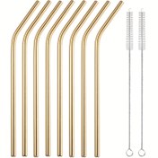 Resim 10 adet 21.5cm*0.6cm 8 adet Kıvrımlı Boru 2 adet Fırça, Renkli Metal Pipet Taşınabilir Yaratıcı Gıda Sınıfı Paslanmaz Çelik Pipet, İçecek Kahve Süt Çay Pipet Seti Mutfak Aksesuarları 